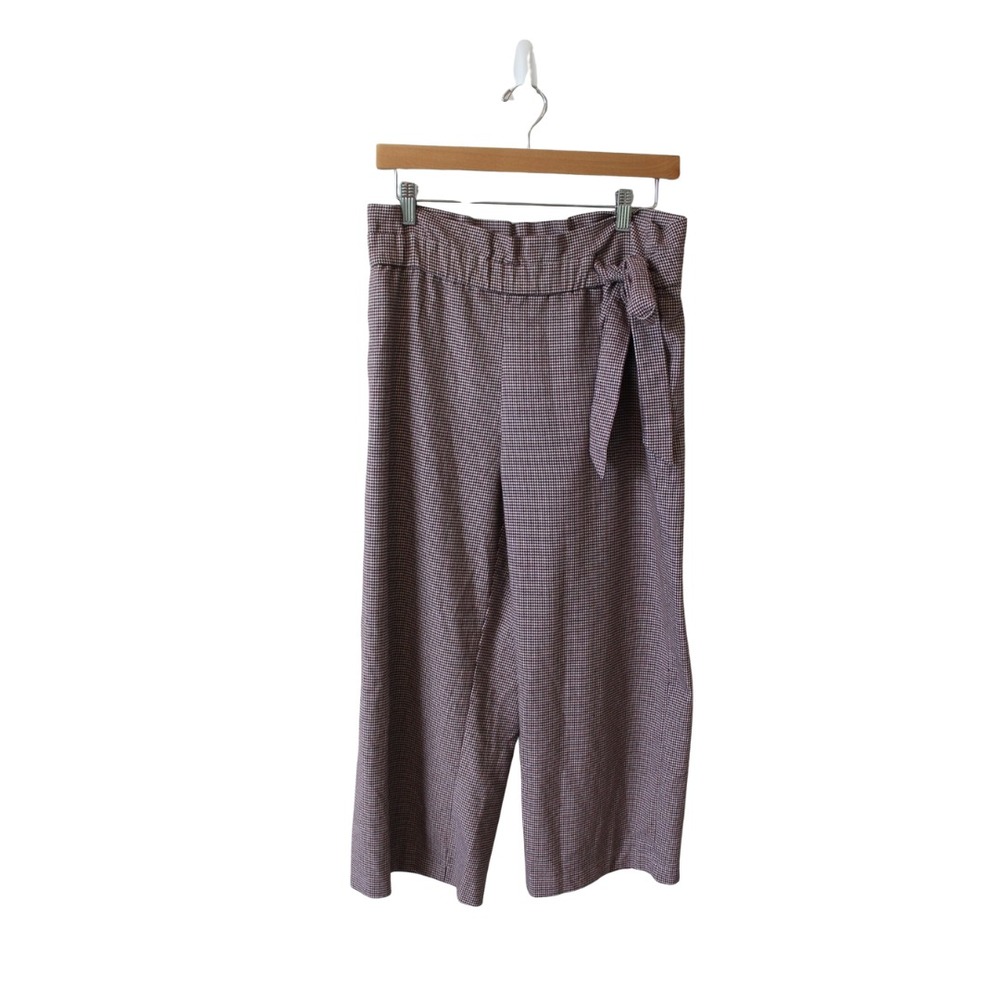 Zara trf Red Herringbone Paper Bag Waist Pull On Wide Leg Pants Womens M‎